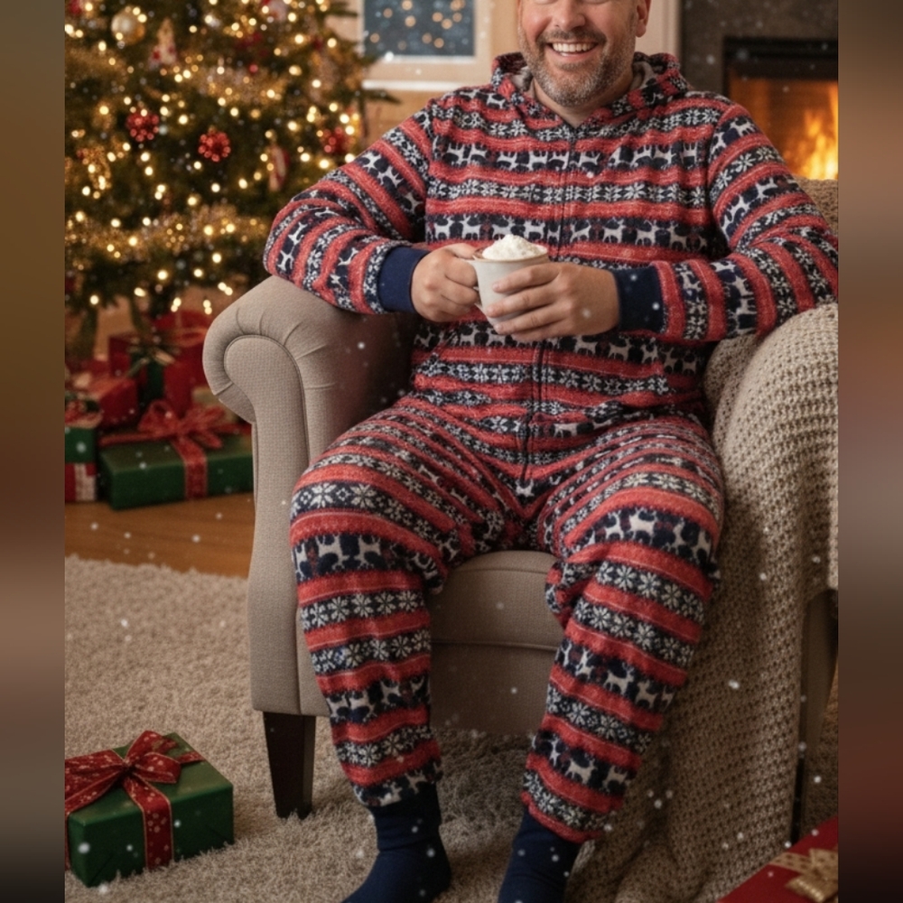 GUC PatPat Red and Blue Mens 2XL Christmas Pajama  Onsie with Reindeer Design